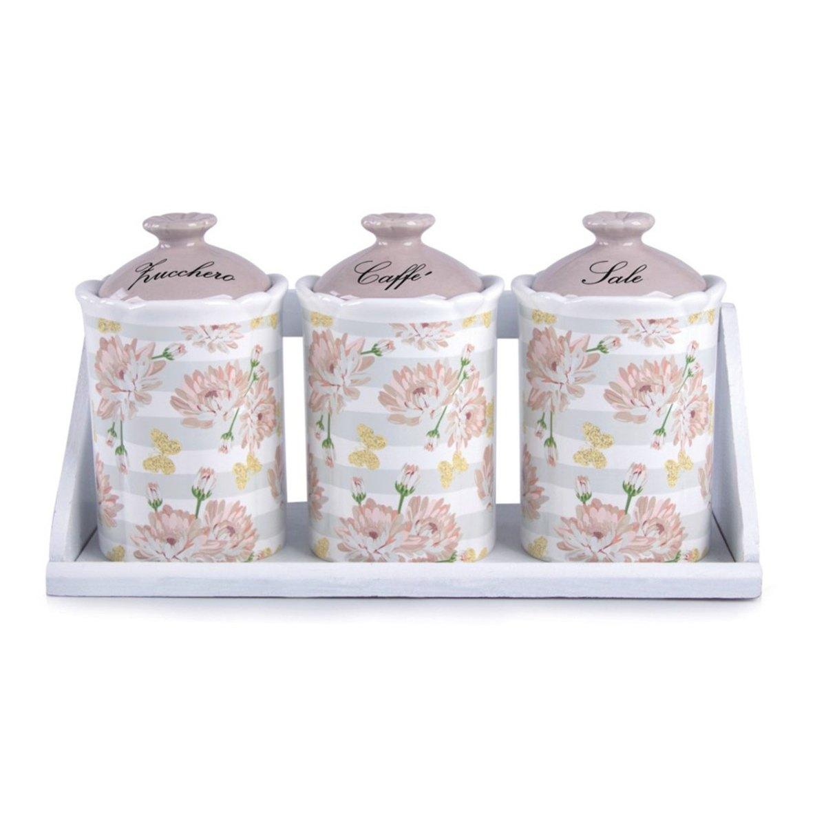 Set 3 Barattoli Cucina in Ceramica Linea Peonias Zucchero Caffè Sale - Contenitori Stile Shabby Chic a Righe e Fiori