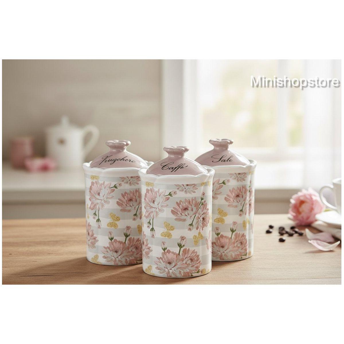 Set 3 Barattoli Cucina in Ceramica Linea Peonias Zucchero Caffè Sale - Contenitori Stile Shabby Chic a Righe e Fiori