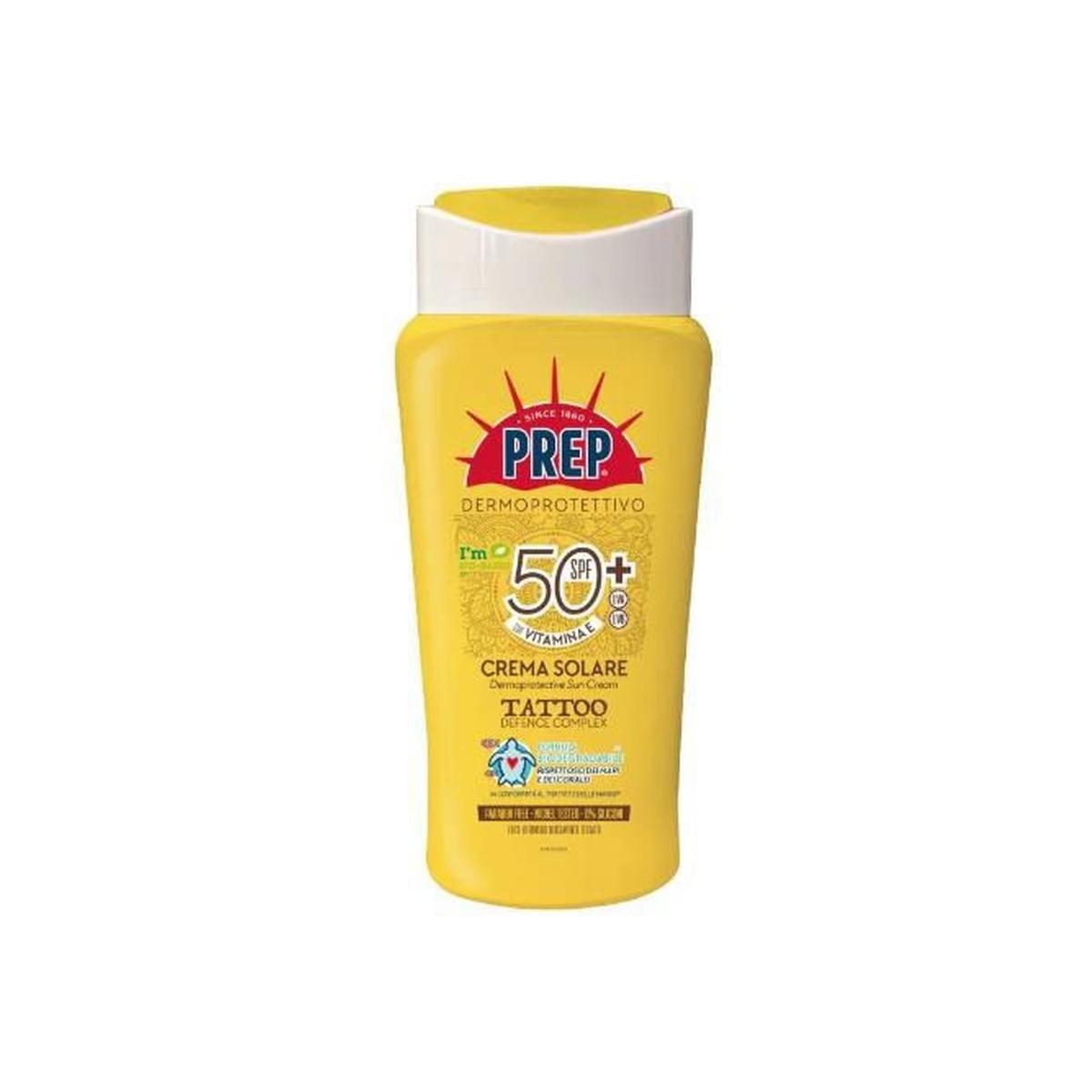 PREP SUN CREMA SOLARE TATTOO SPF50+ 200ML Proteggi i tuoi tatuaggi dal sole con la Crema Solare Tattoo SPF50+ di Prep. La sua formula specifica protegge i colori del tatuaggio,