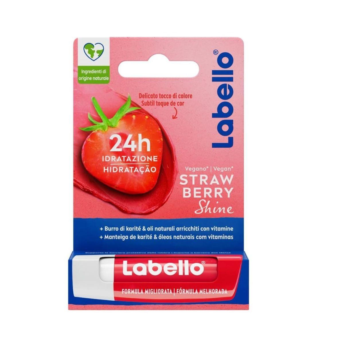 Labello Strawberry Shine Balsamo Labbra Colorato Idratante 24h Stick Vegano
